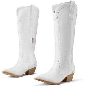 Women's White Leather Embroidered Knee Chunky High Heel Western Pointy Toe Boot